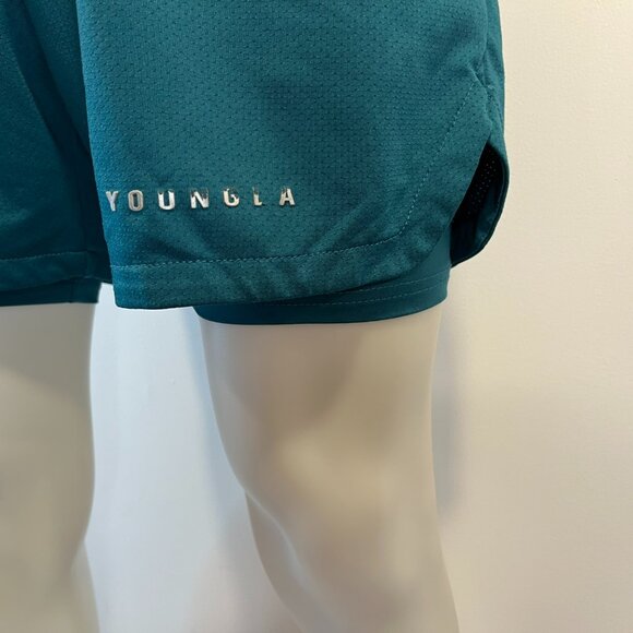 YoungLA Men's Teal Workout Gym Shorts w/ Boxer Brief Lining - Size Large - Picture 3 of 7